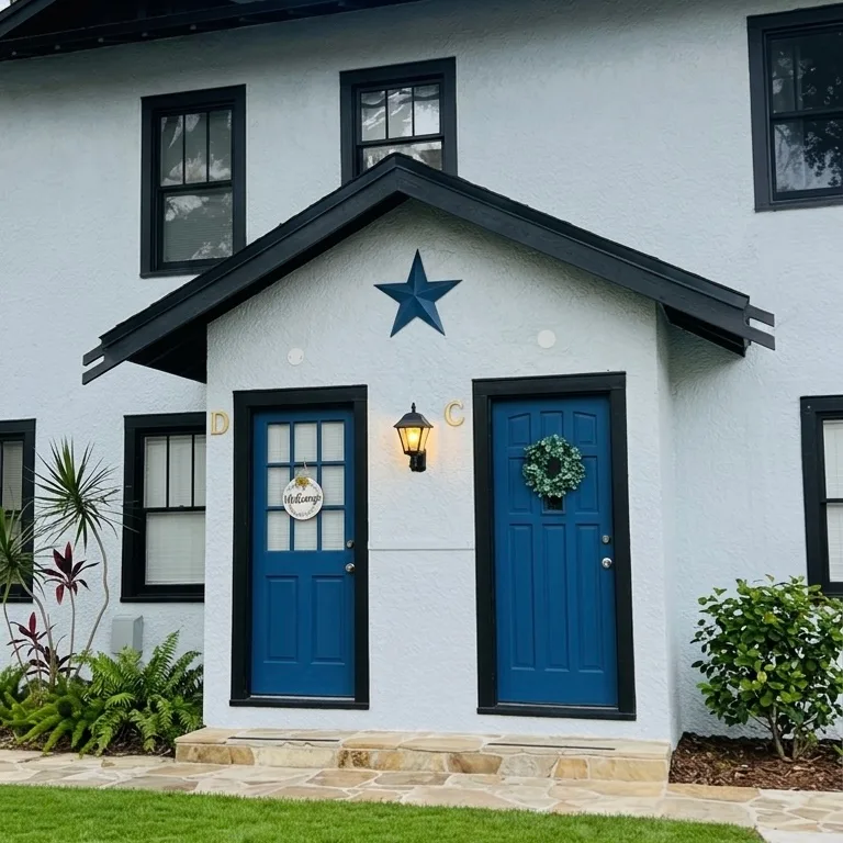 The front of the Gardenia Properties building in Clearwater — a white two-storey house with black trim, a covered entry and two blue front doors