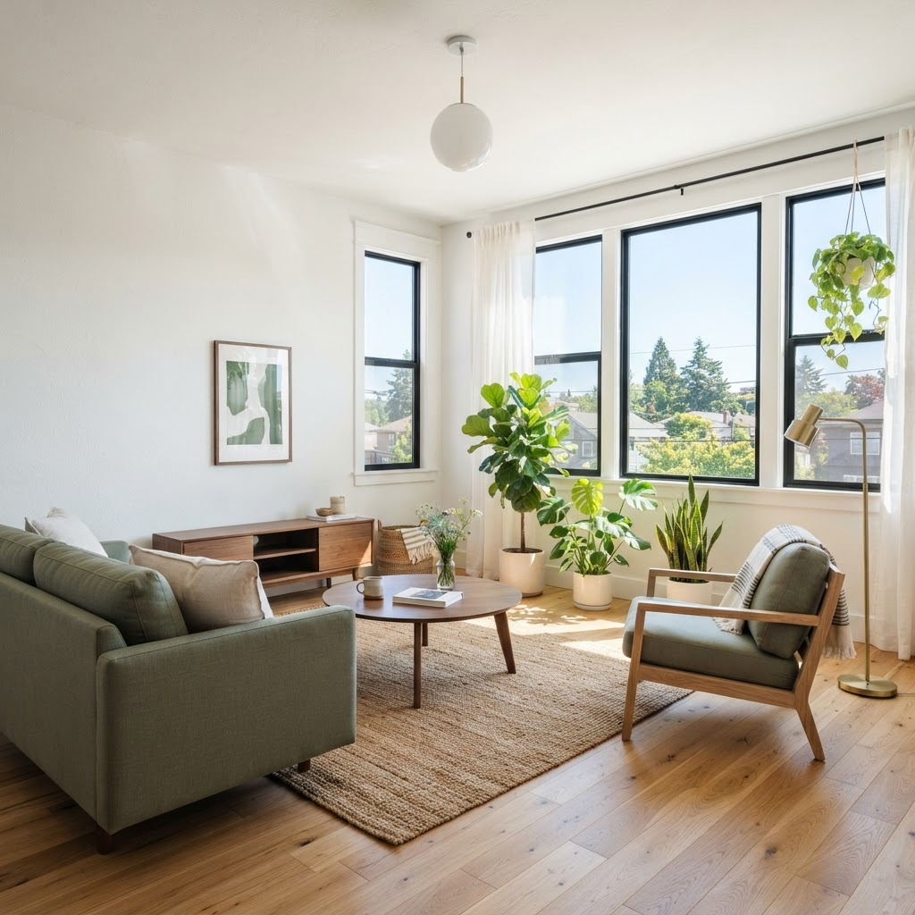 Bright, plant-filled living room in a Gardenia Properties rental unit